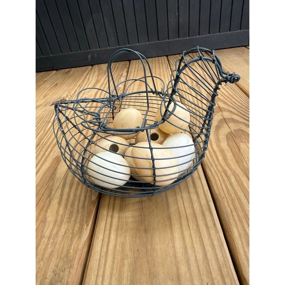 Vintage Wire Chicken Hen Egg Gathering Basket with Folding  Handles 8 Faux Eggs